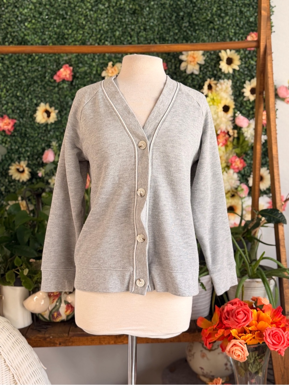 Maurices Gray V-Neck Button Cardigan with Contrast Trim